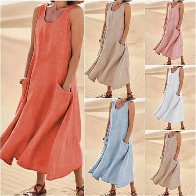 Women's Sleeveless Cotton And Linen Dress- Buy 2 Free Shipping
