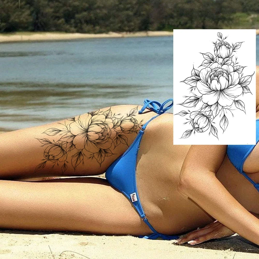 Realistic Sexy Peony Tattoos Temporary Women Adult Flower Arm Tattoos Sticker Waterproof Fake Floral Bloosom Body Leg Art Tatoos
