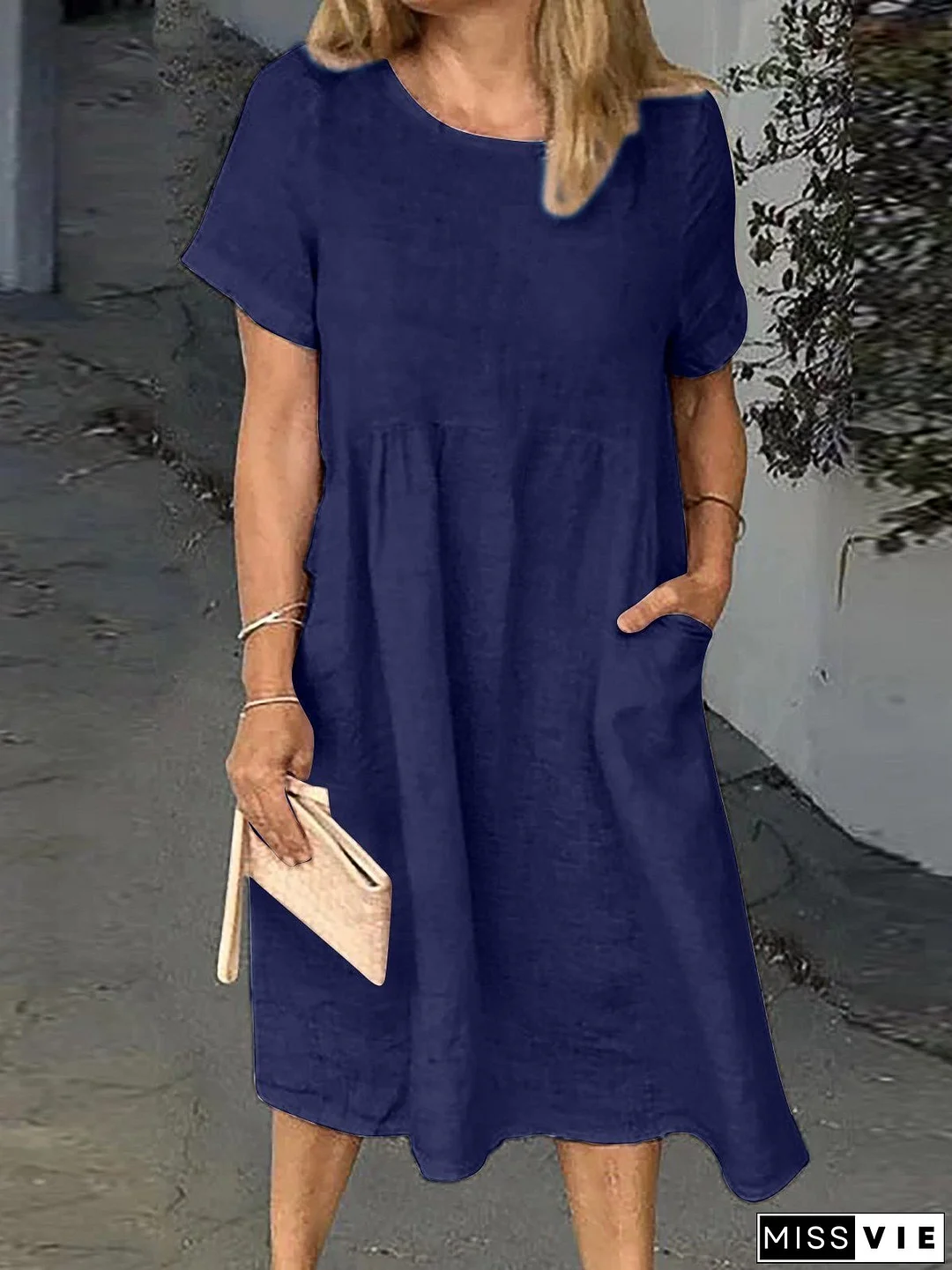 Women's Dresses Round Neck Short Sleeve Pocket Casual Dress