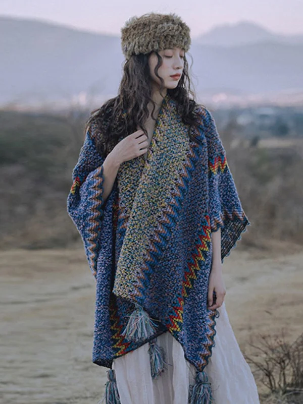 Casual Loose Tasseled Patchwork Shawl&Cloak