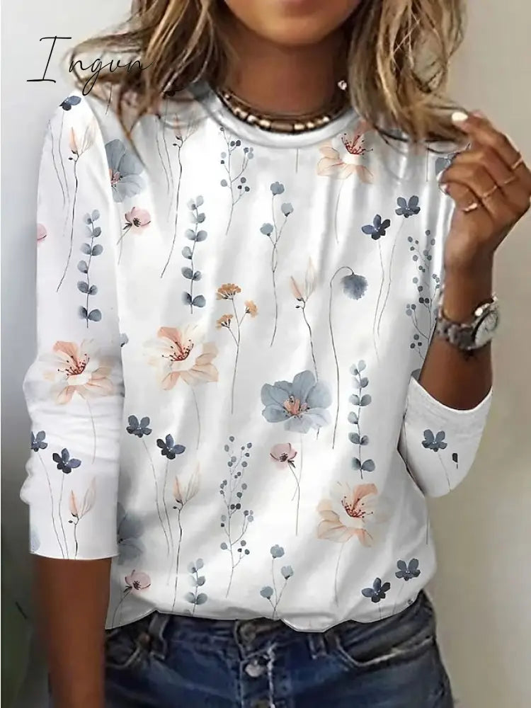 Ingvn - Women’s T Shirt Tee White Yellow Pink Floral Print Long Sleeve Holiday Weekend Basic