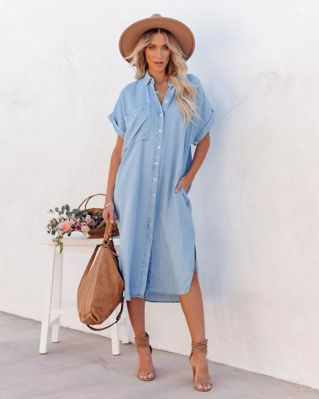 Single Breasted Solid Denim Short Sleeve Lapel Long Slit Shirt Dress