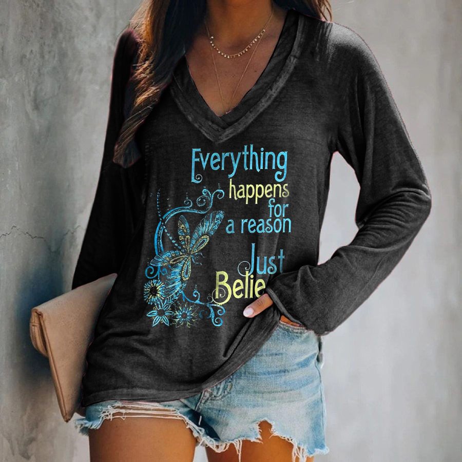 Everything Happens For A Reason Printed Long Sleeves T-shirt