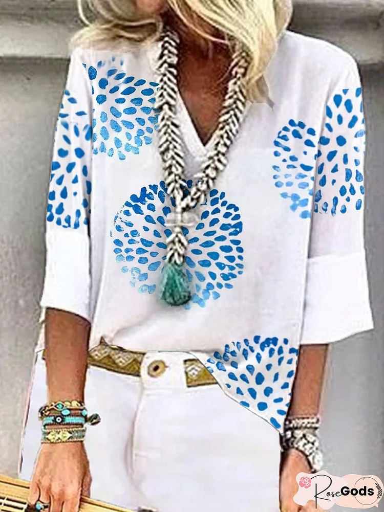 Blue Geometric Printed V-Neck Three Quarter Sleeve Casual Tops