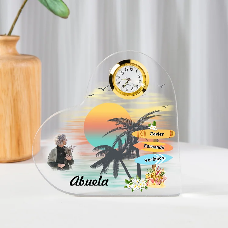 A la familia-Placa acrílica de playa en forma de corazón con un reloj 1 texto, 1 foto y 3 nombres personalizados