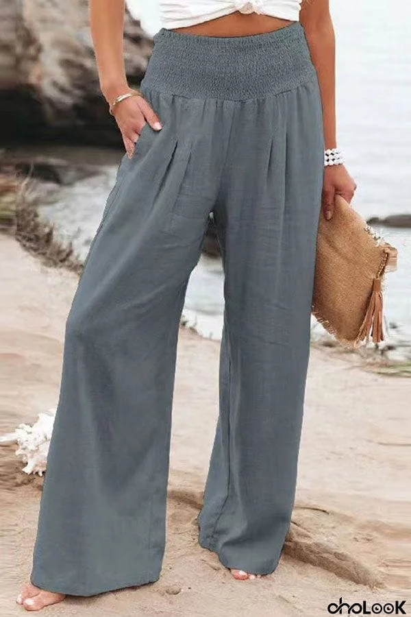 Fresh Air Linen Blend Pocketed Smocked Pants