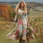 Women's Vintage Patchwork Floral Art Cozy Knit Maxi Sweater Dress - Image 2