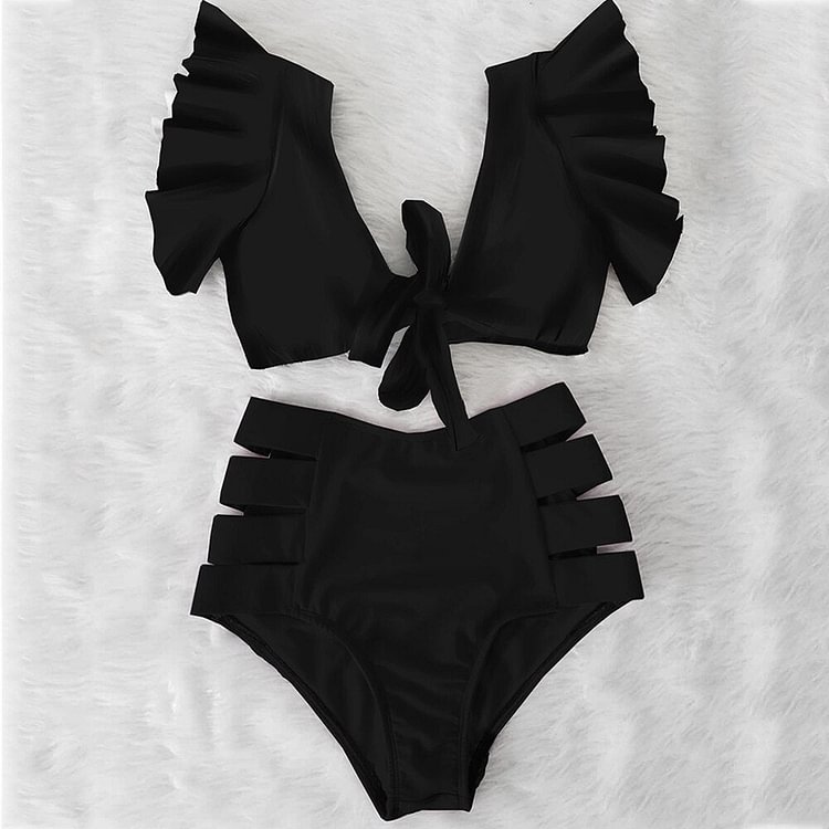 Flaxmaker Ruffle Black High Waist Bikini Swimsuit