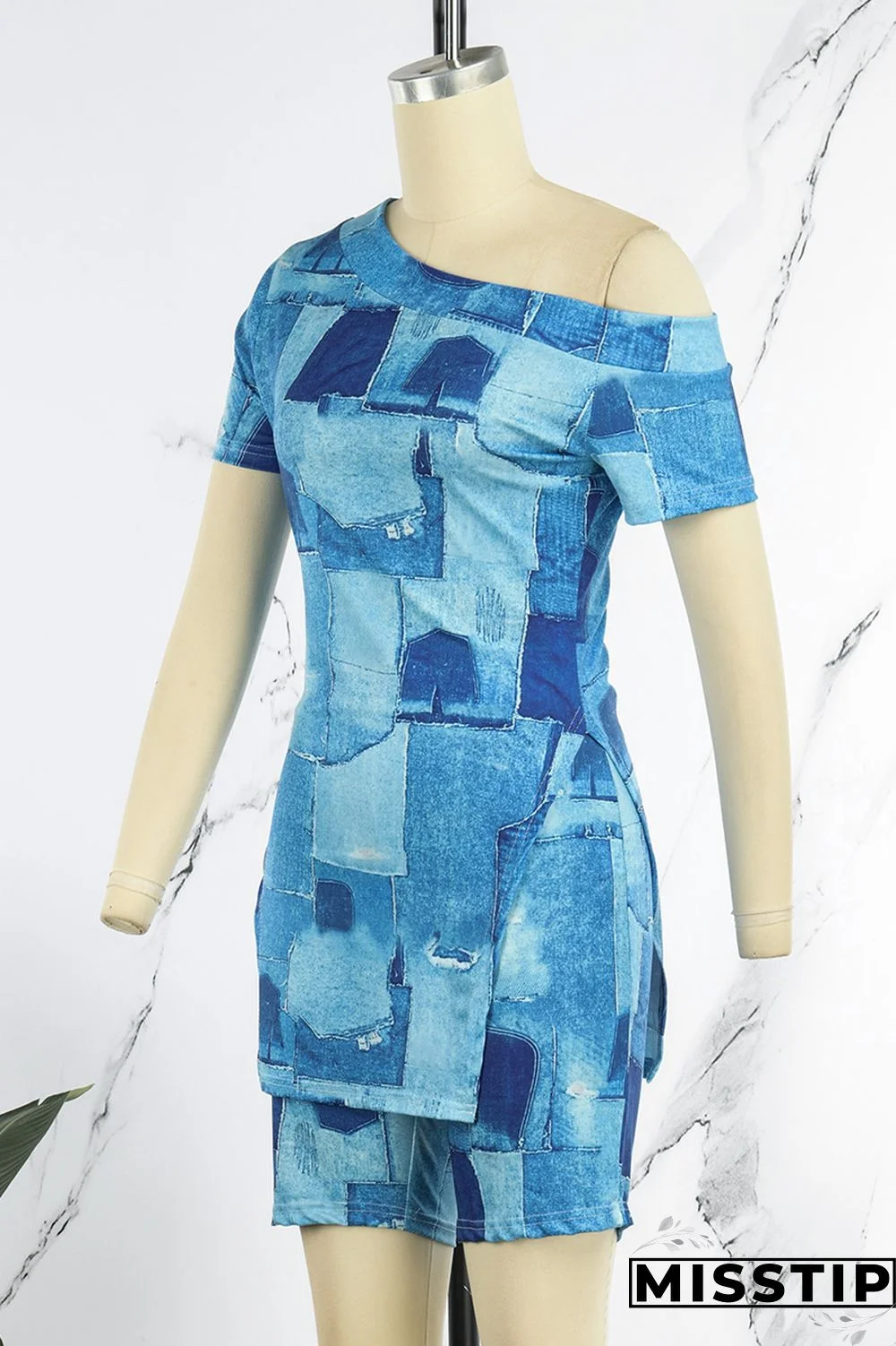 Black White Casual Print Slit Oblique Collar Short Sleeve Two Pieces