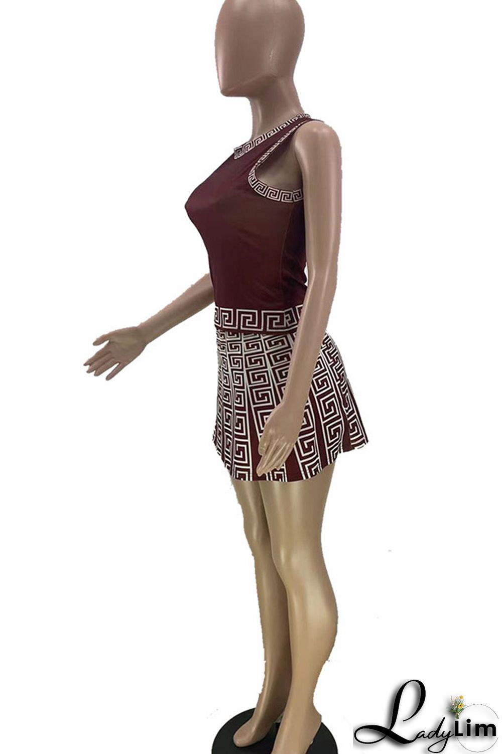 Brown Casual Print Patchwork O Neck Sleeveless Two Pieces