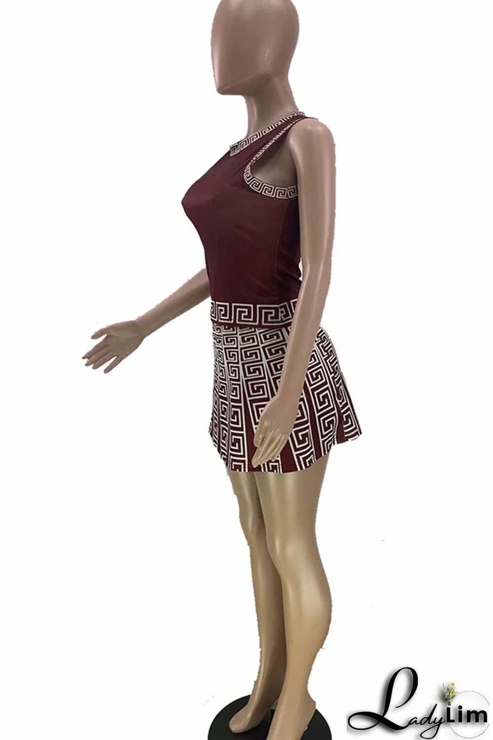 Brown Casual Print Patchwork O Neck Sleeveless Two Pieces