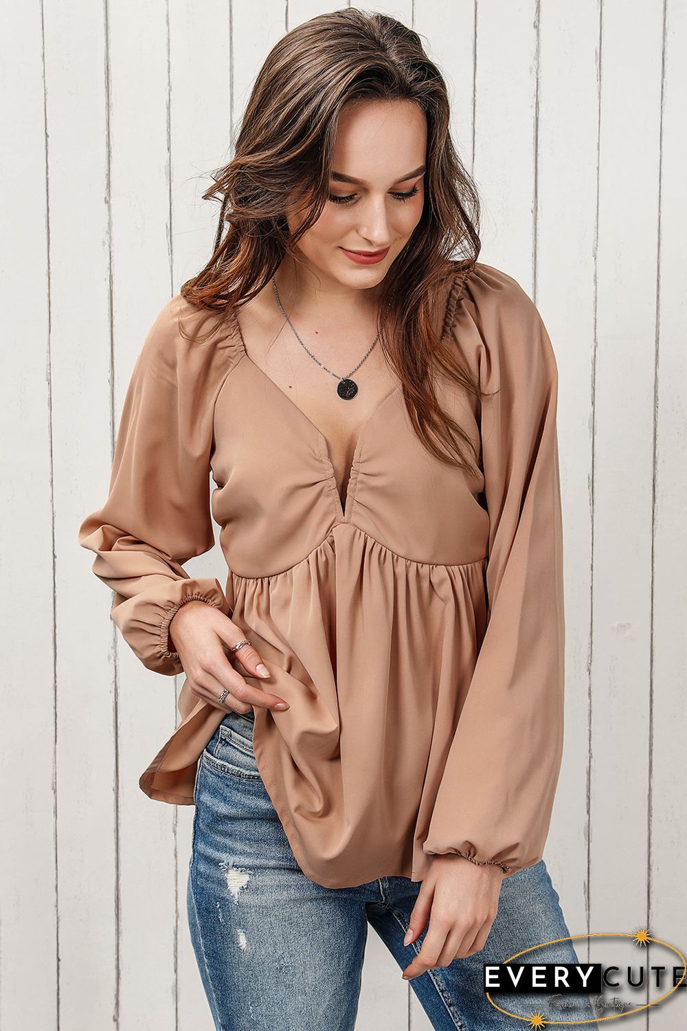 Orange Notched V-Neck Smocked Back Peplum Blouse