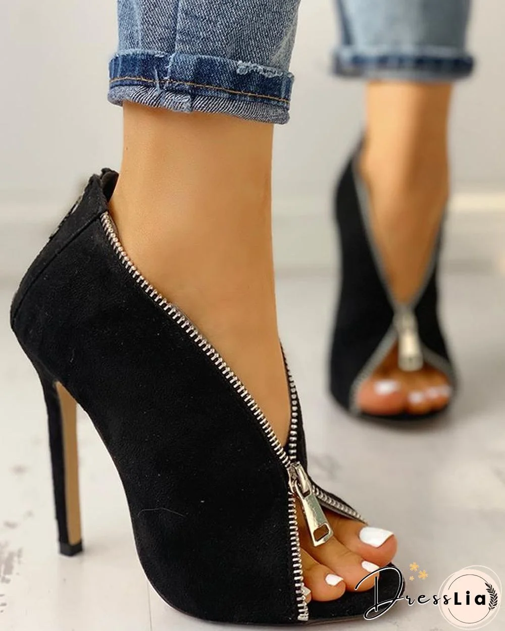 Suede Zipper Design Peep Toe Heeled Boots