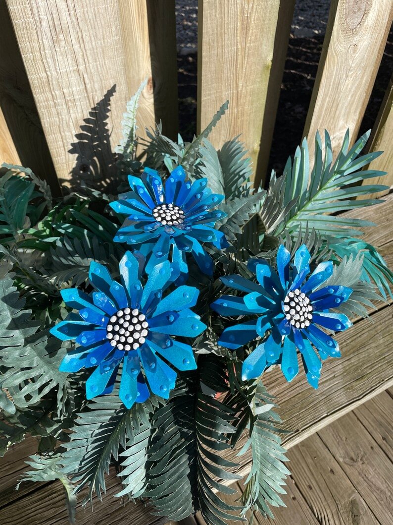 Set Of Three Blue Metal Zinnia Flower Garden Stakes