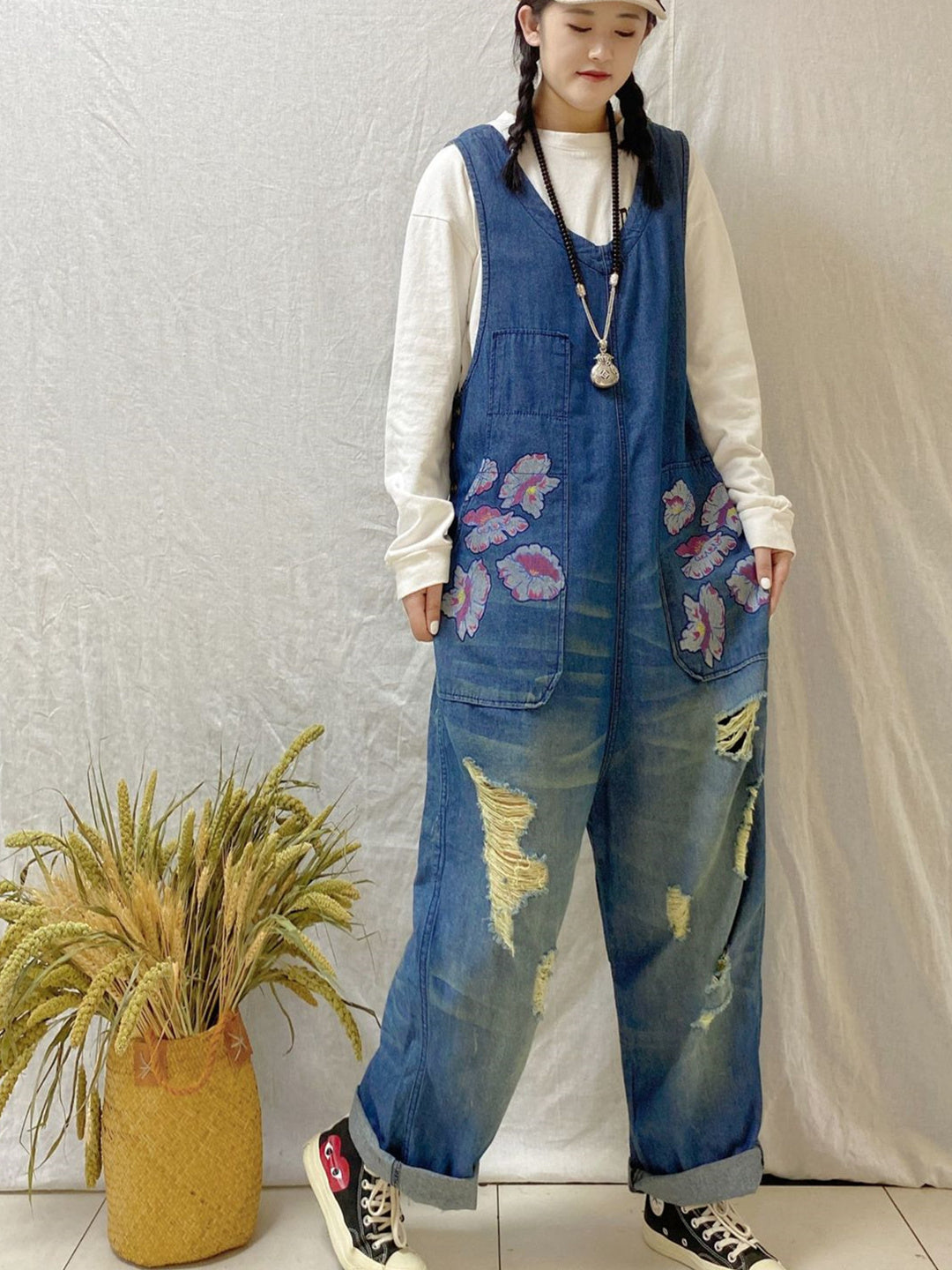 Women's Casual Retro Cropped Workwear Denim Overalls Jumpsuit