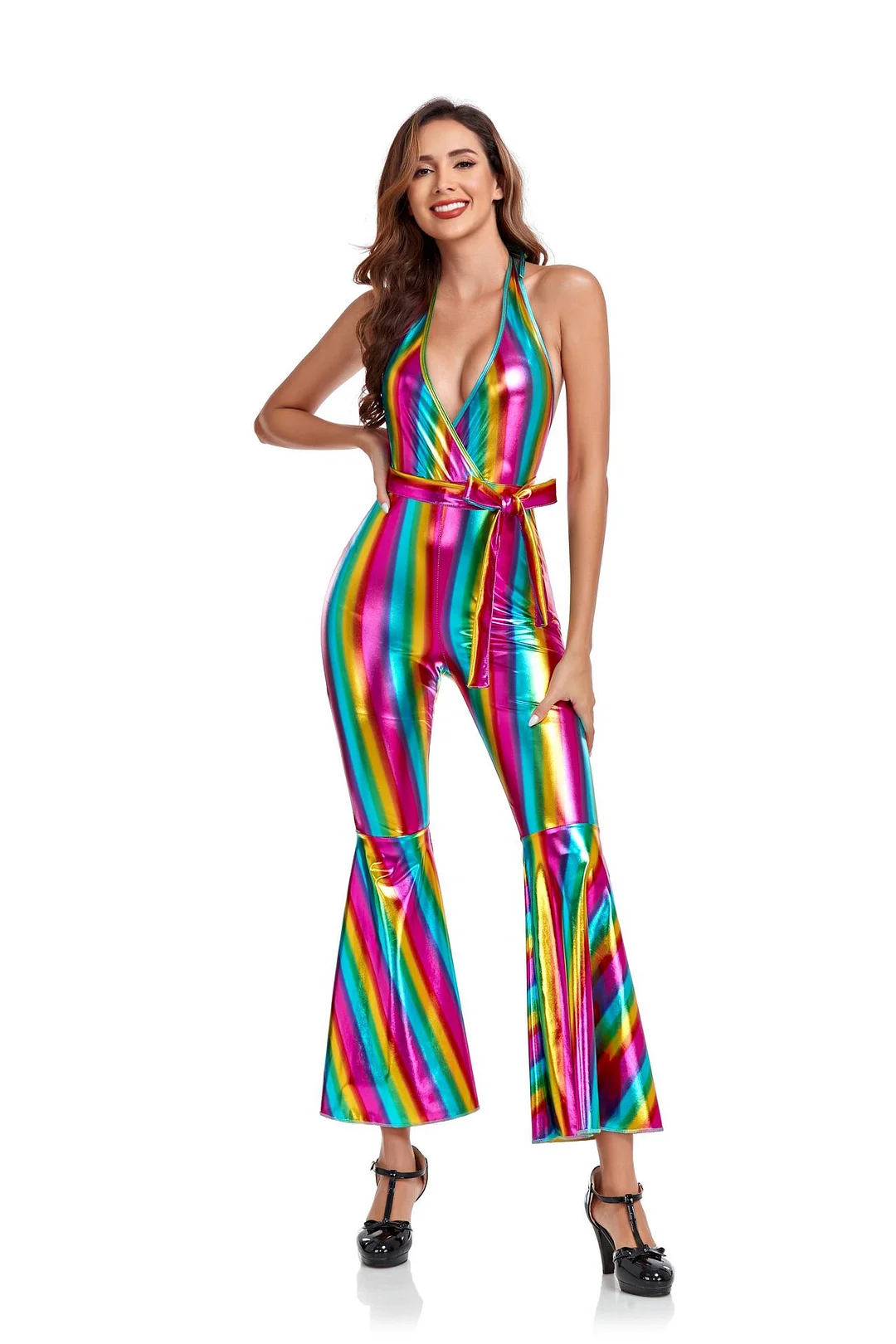 Women Disco Hippie 70s Costume Blackless Stripped Sexy Halloween Party Costume Novameme