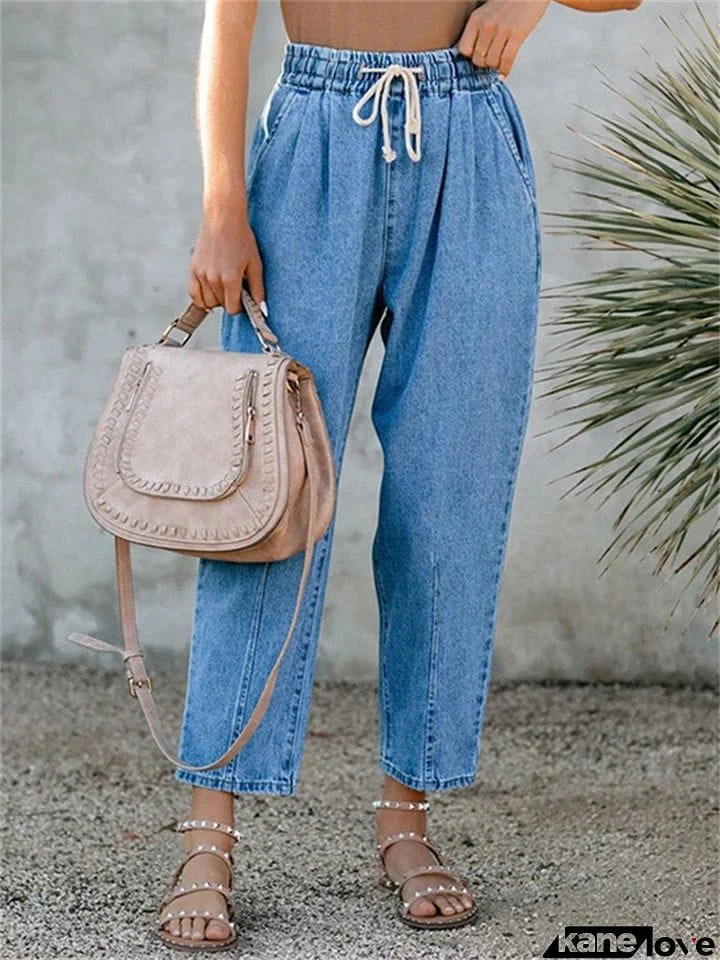 High Waist Blue Color Straight Leg Jeans