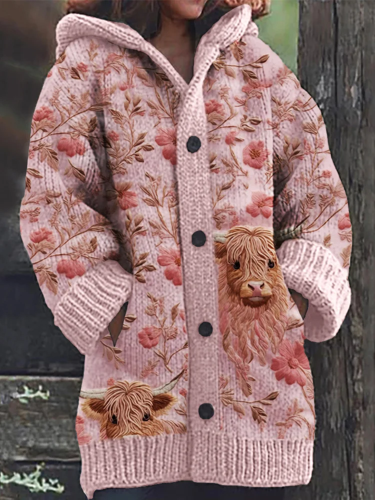 VChics Highland Cows Floral Embroidery Pattern Cozy Hooded Cardigan