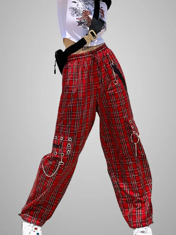 Gothic Dark Street Plaid Color-block Chain-trimmed High-rise Loose Industrial Flare