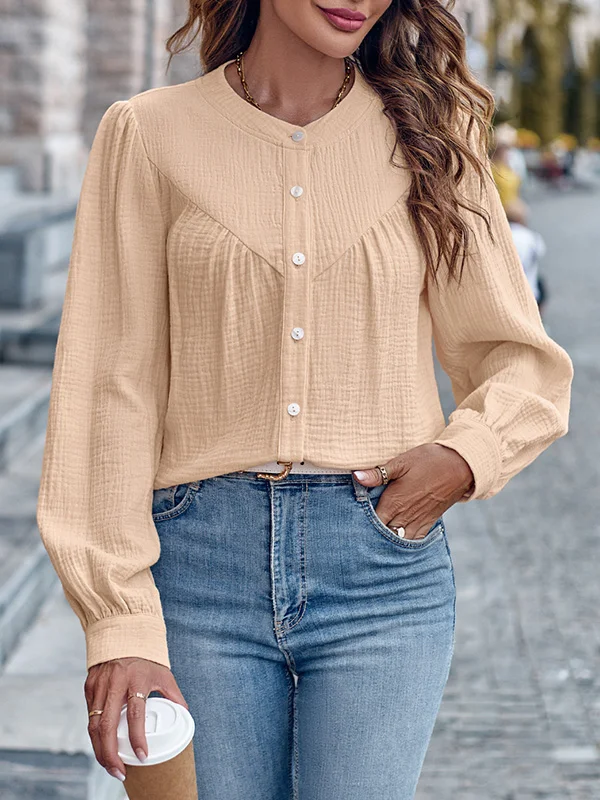 Long Sleeves Loose Buttoned Pleated Split-Joint Round-Neck Blouses&Shirts Tops