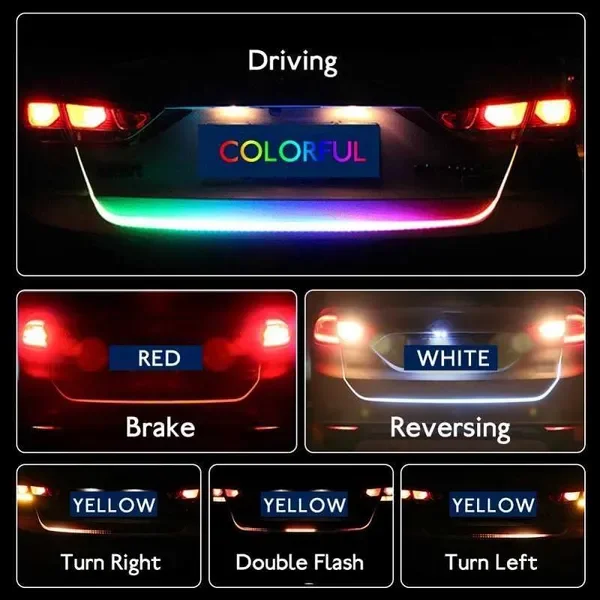 New 1.2m 12V Four Colors Flow Type 36 LED Car Tailgate Strip Waterproof Auto Brake Driving Turn Signal Light Colorful