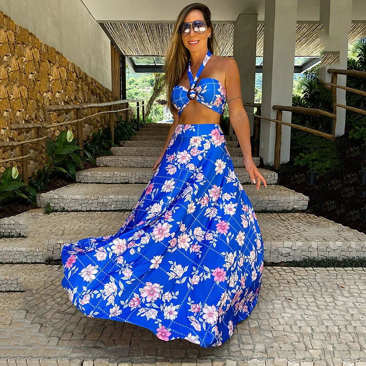 Halter Cut Out Printed Maxi Dress