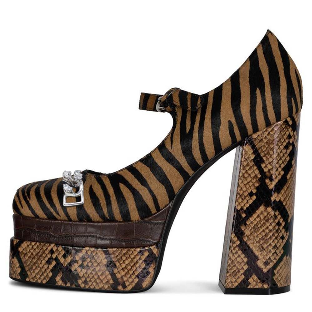 Square Toe Zebra Striped Leather Pumps With Platform Chain Ankle Strap Chunky Heels Nicepairs