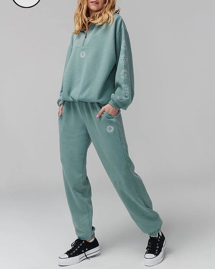 Embroidered Hoodie Pant Set Classic Tracksuit -Green