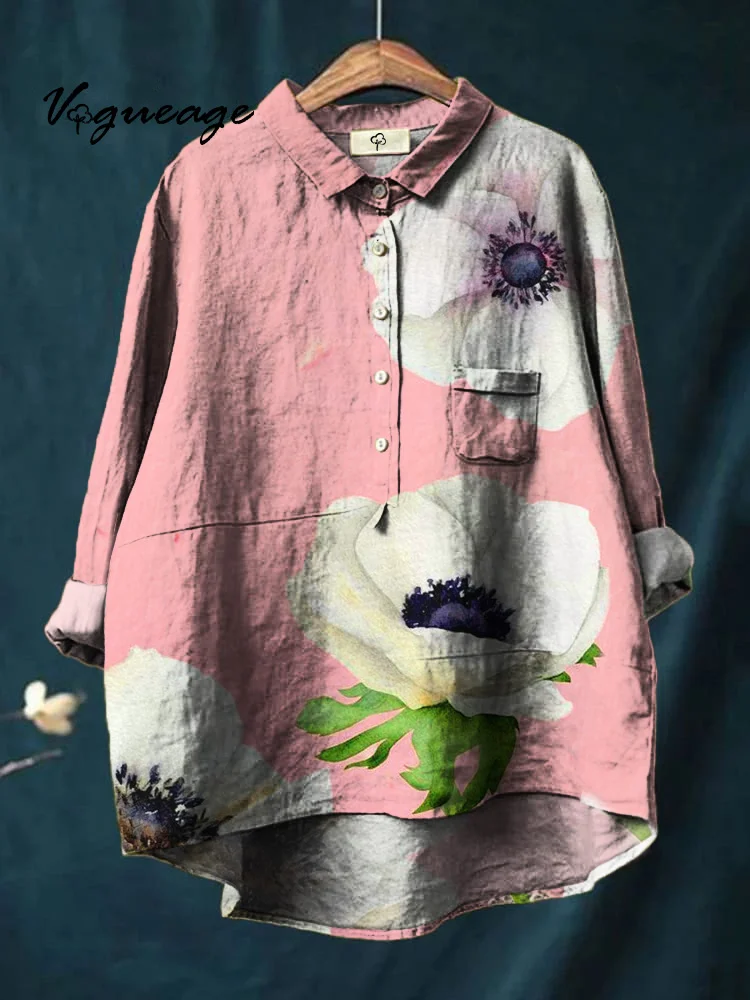 Simple Gentle Casual Flowers Print Cotton And Linen Shirt