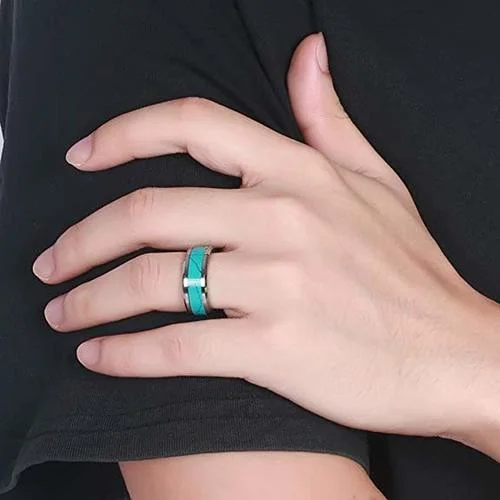 6MM 8MM Men's or Women's Blue Turquoise Inlay Silver Tone Tungsten Carbide Wedding Matching Rings