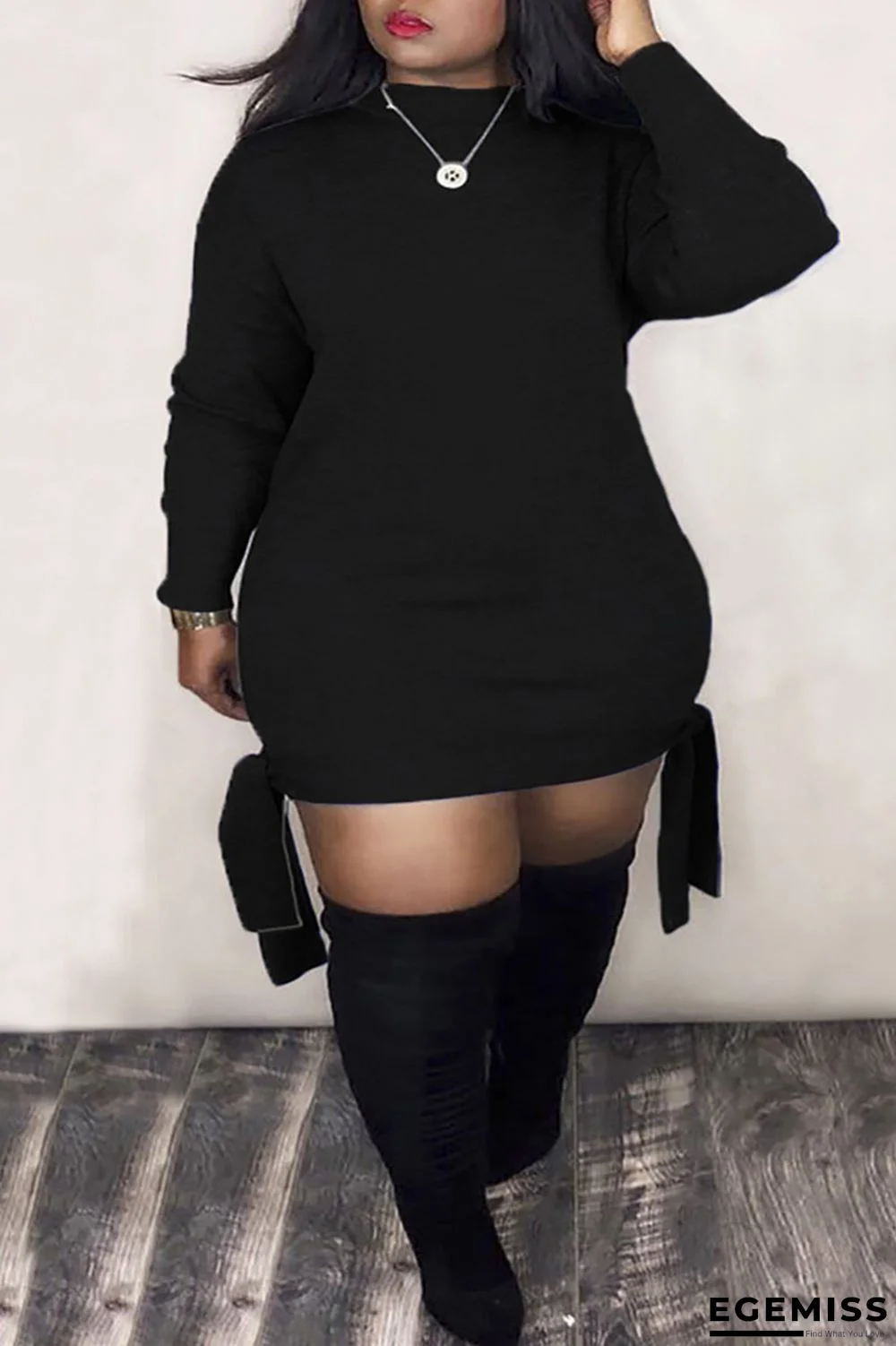 Black Fashion Casual Solid Bandage Half A Turtleneck Long Sleeve Plus Size Dresses | EGEMISS