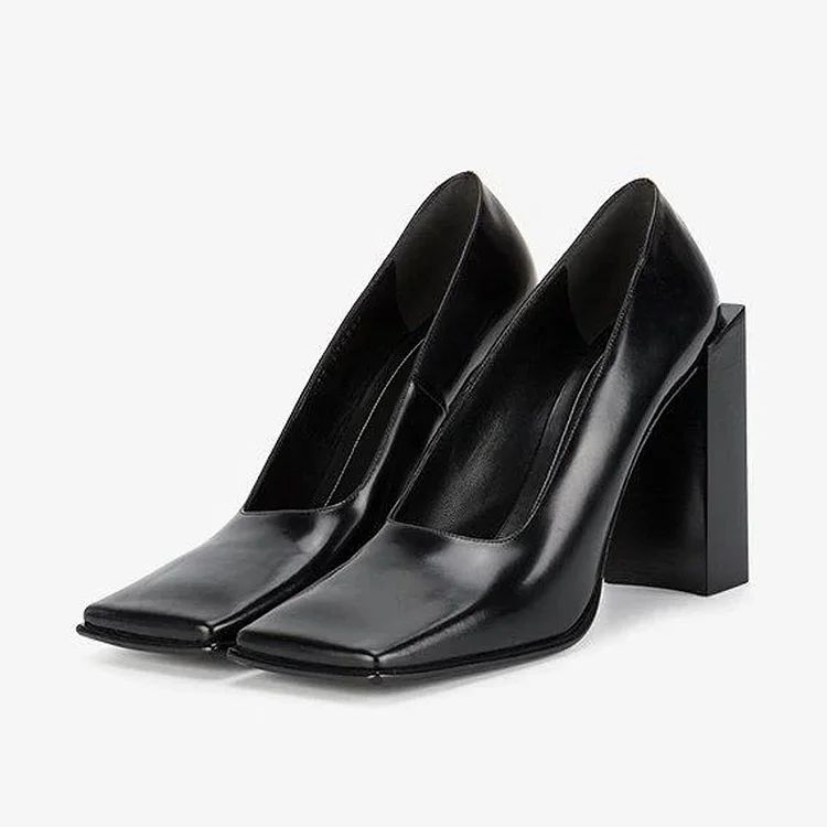Custom Made Black Square Toe Chunky Heel Pumps |FSJ Shoes