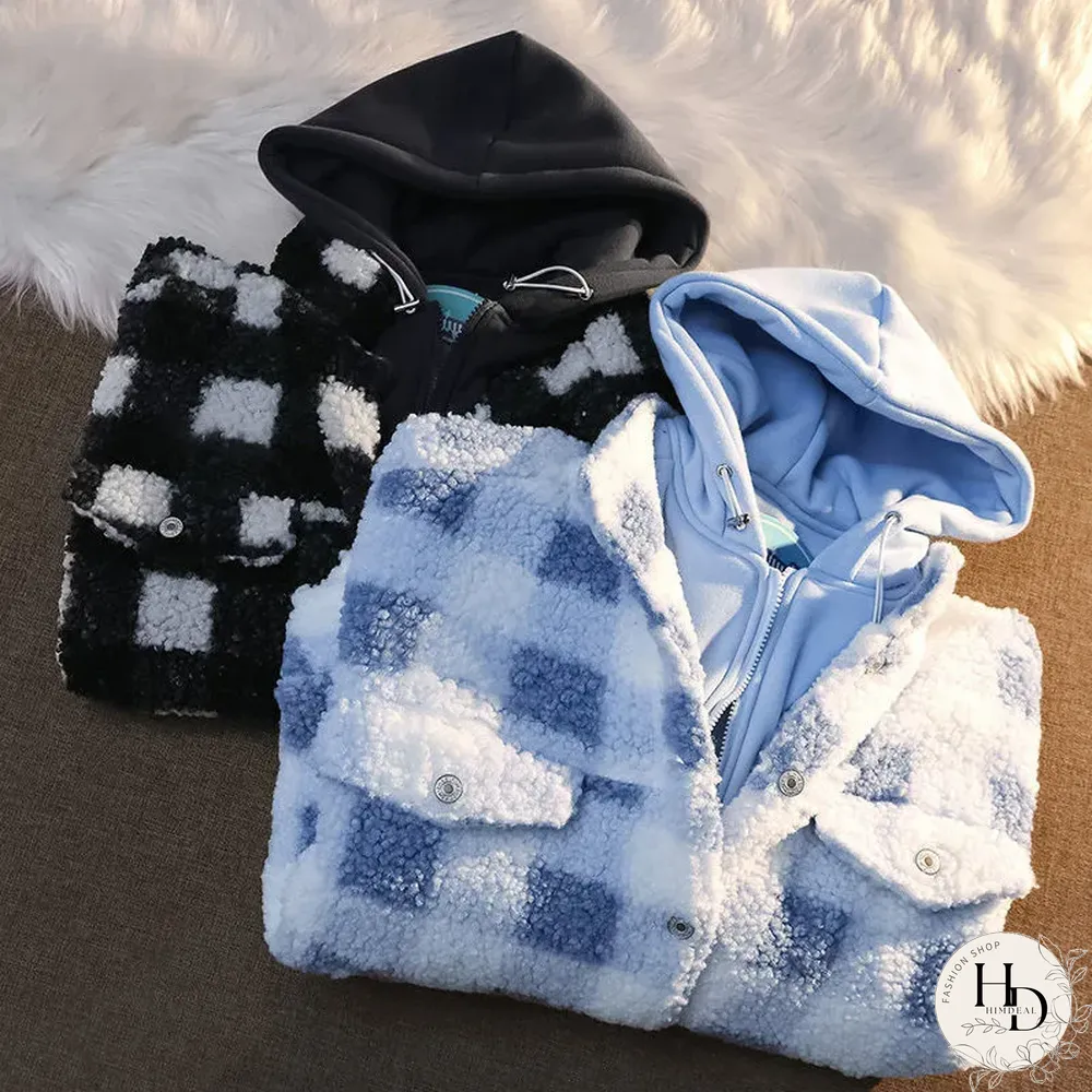 Neutral Check Plush Hooded Jacket