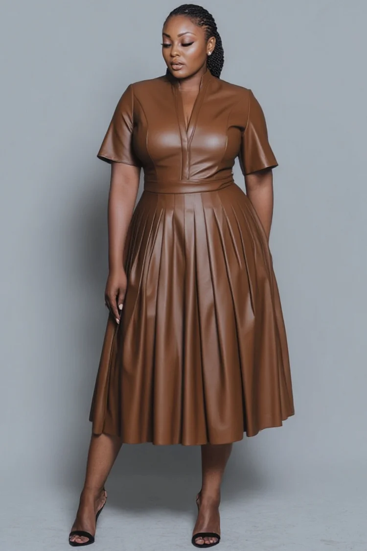 Xpluswear Design Plus Size Business Casual Brown V Neck Short Sleeve Pleated Elegant PU Leather Midi Dresses 2024 - Xpluswear