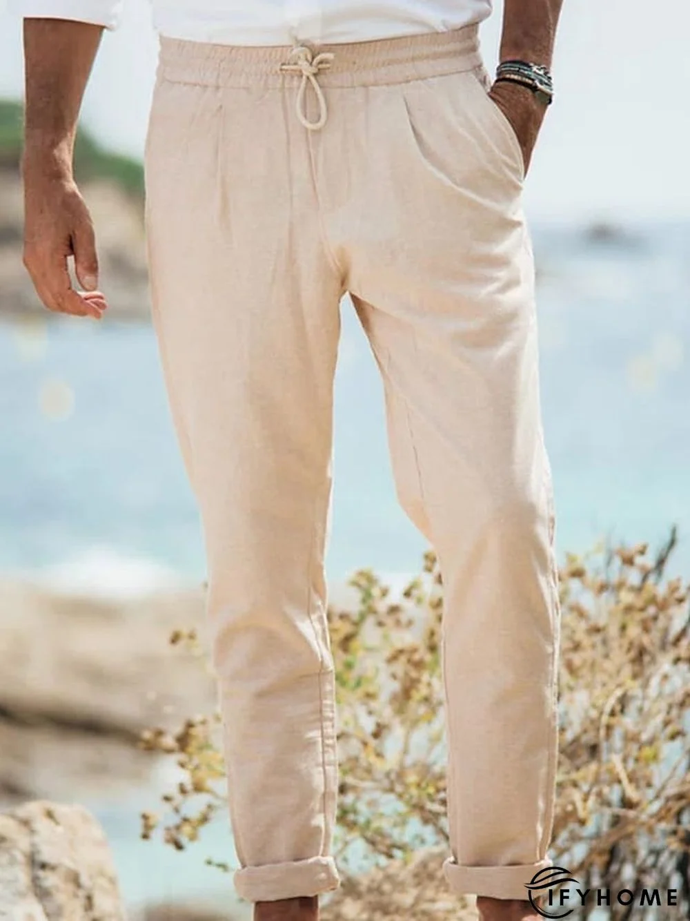 Men's Linen Pants Trousers Summer Pants Beach Pants Pleated Pants Drawstring Elastic Waist Plain Breathable Soft Casual Daily Holiday Linen / Cotton Blend Fashion Streetwear Black White Micro-elastic | IFYHOME
