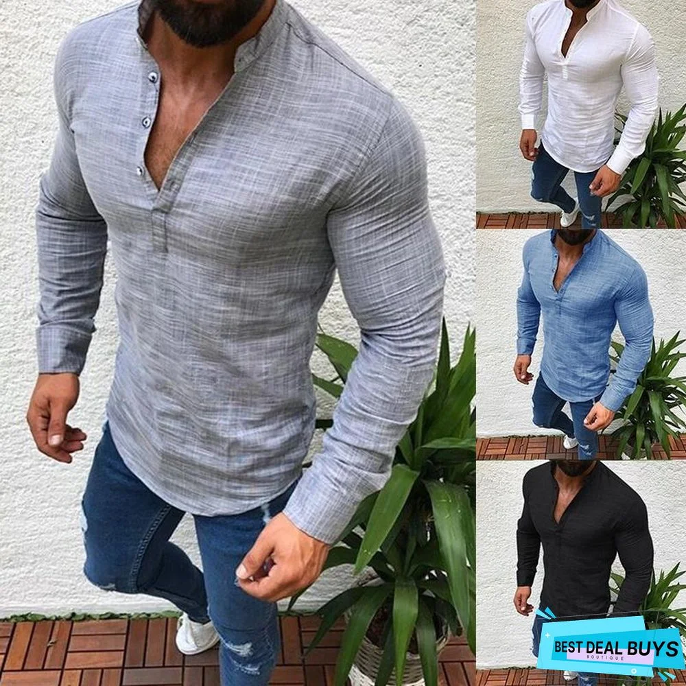 Men's Fashion Lapel Long Sleeve Solid Color Casual T-Shirts Linen