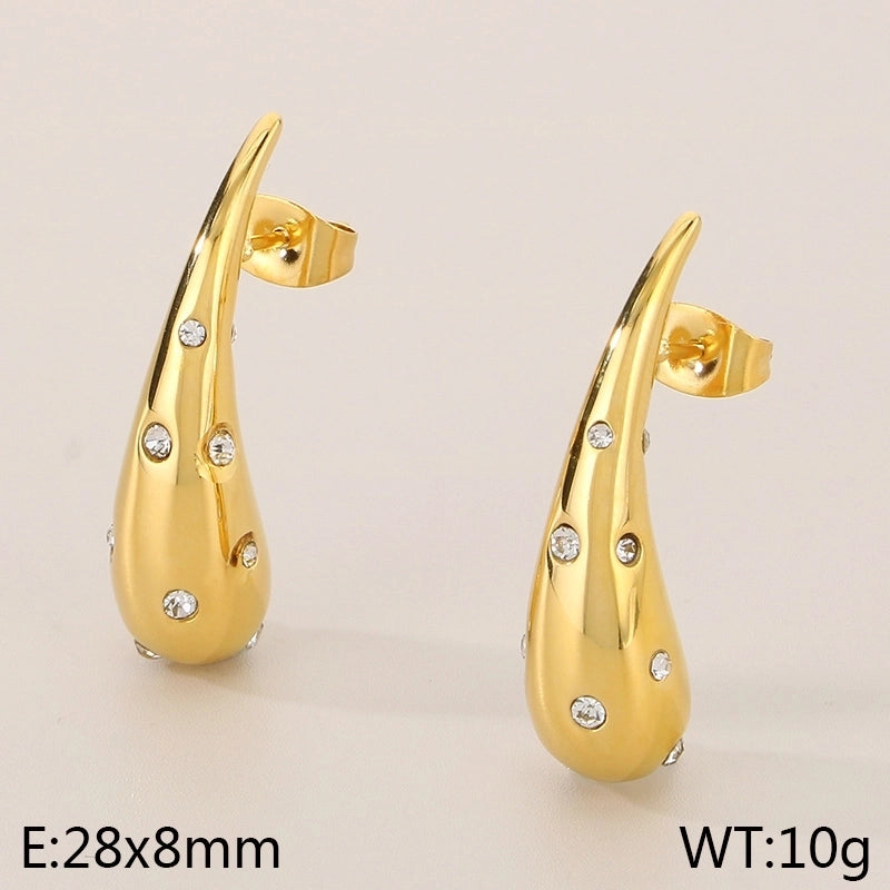 1 Pair Minimalist Water Droplets Solid Color Inlay 304 Stainless Steel Rhinestones 18K Gold Plated Ear Studs
