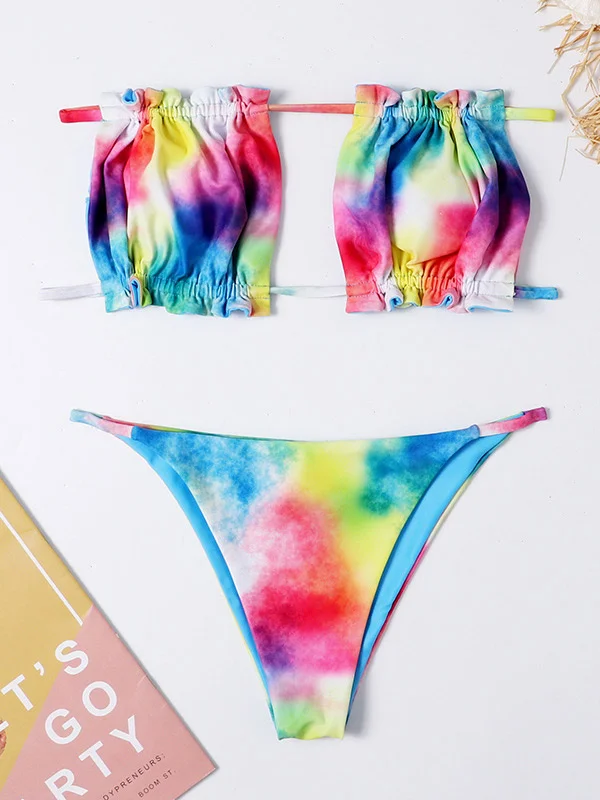 Tie-Dyed Off-The-Shoulder Ruffled Split-Joint Bandeau Tie Side Bikini Swimwear