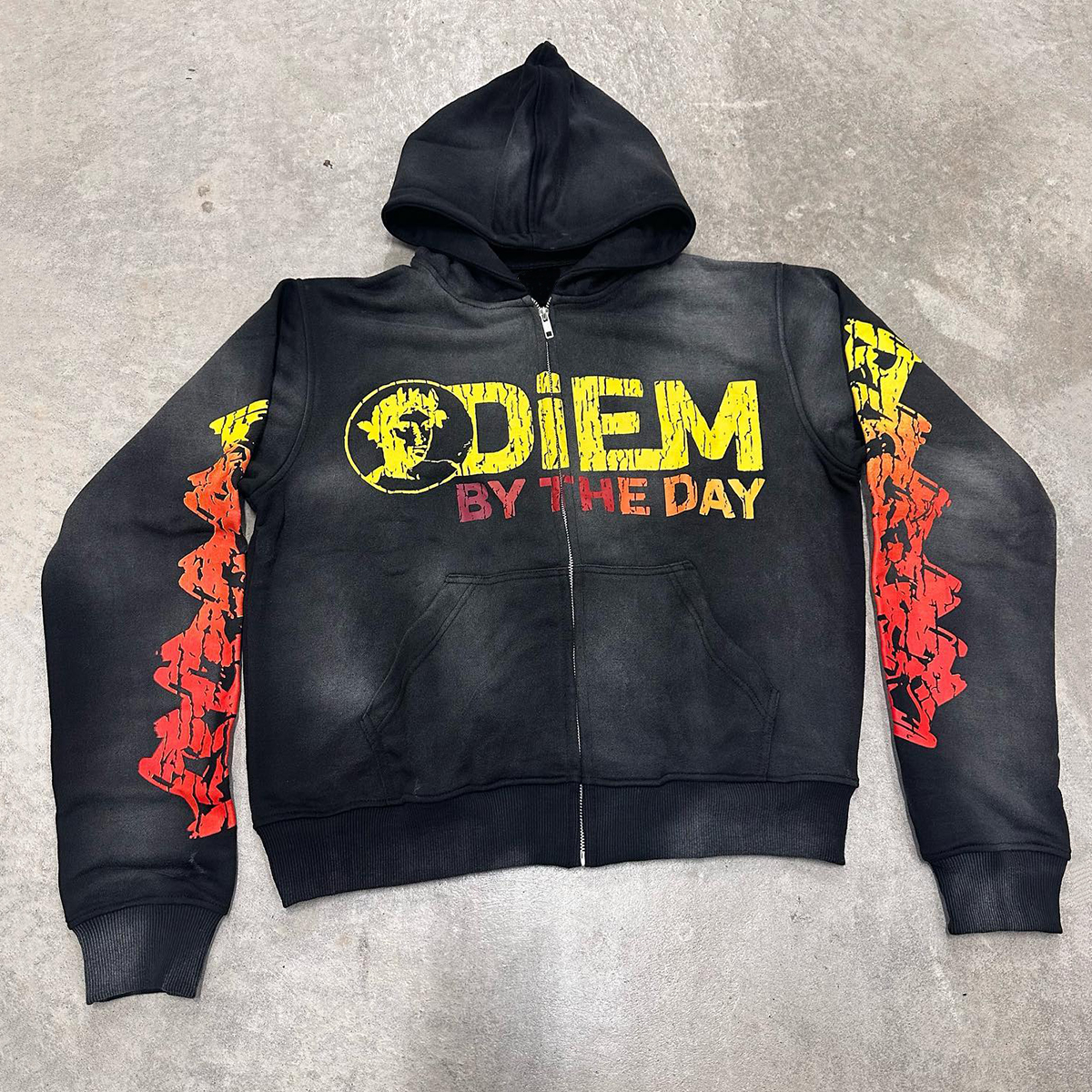 Diem By The Day Graphic Acid Washed Oversized Zip-Up Hoodie