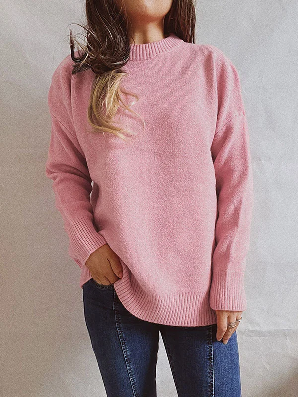 Casual Loose Long Sleeves Solid Color Round-Neck Sweater Tops