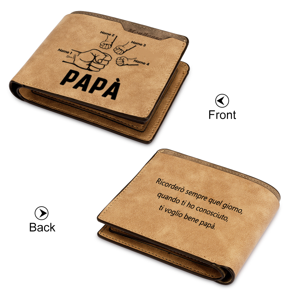 Portafoglio Pelle PU pelle pugno mano regalo per papà personalizzato 4 nomi 1 testo e 1 foto