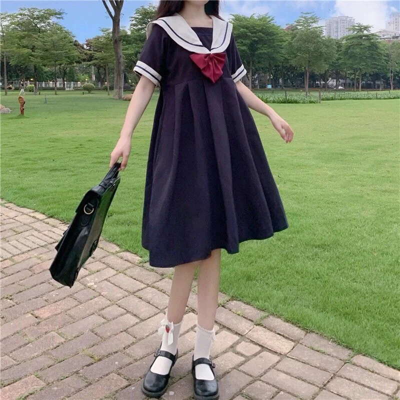 Short Sleeve Dress Women Bow Patchwork Sailor Collar Pleated JK Japanese Style Sweet Kawaii Pleated A-Line Students Harajuku New