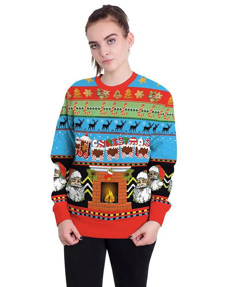 Mayoulove Santa Claus Fireplace Ugly Christmas Sweater Print Pullover Sweatshirt-Mayoulove