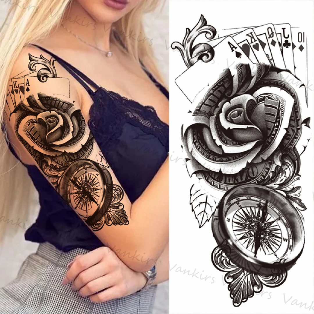 Sdrawing Lion Crown Temporary Tattoos For Women Men Wolf Compass Tiger Mountain Flower Fake Tattoo Sticker Arm Body Tatoos