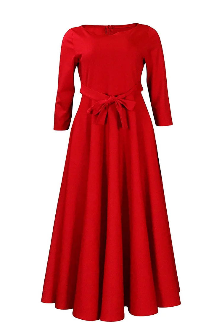 Capreze Women Dresses Solid Color Maxi Dress Plus Size Long Sleeve Crew  Neck Dress Rose Red 4XL 
