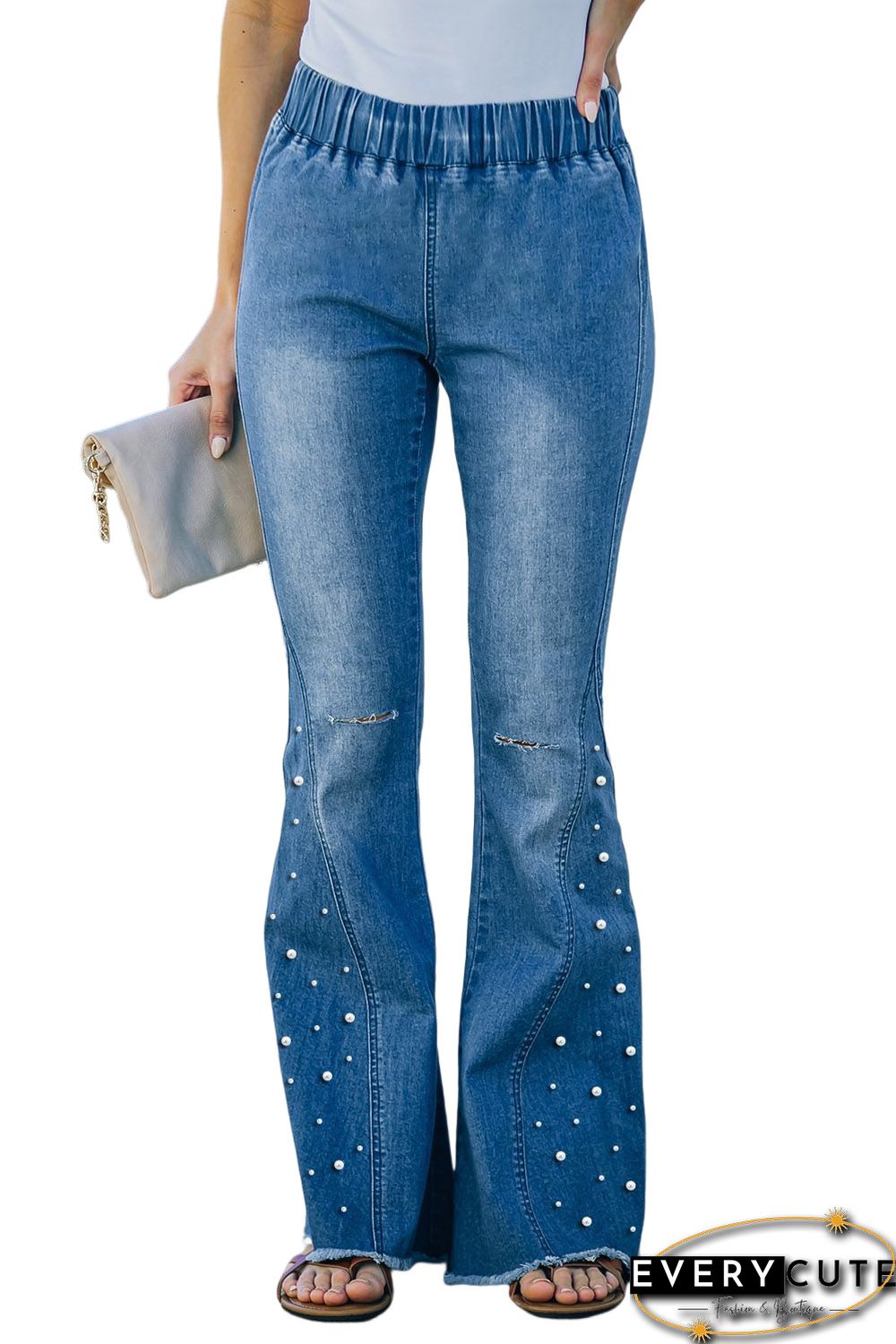 Sky Blue Beaded Ripped Elastic High Waist Flare Jeans
