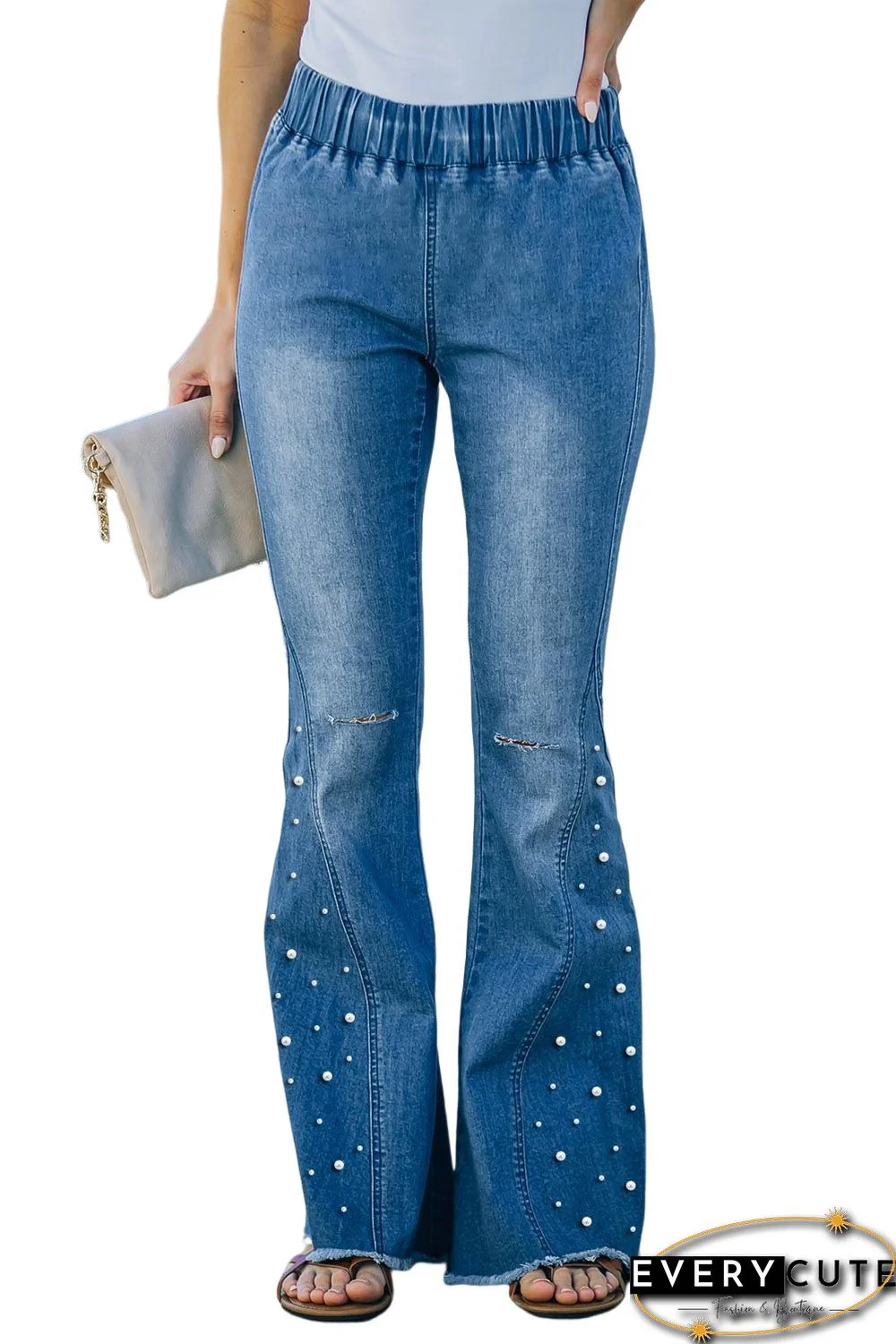 Sky Blue Beaded Ripped Elastic High Waist Flare Jeans