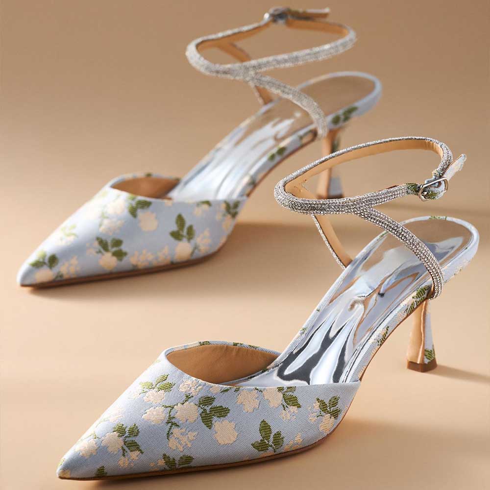 Light Blue Pointed Toe Floral Kitten Heel Ankle Strap Pumps for Women Nicepairs