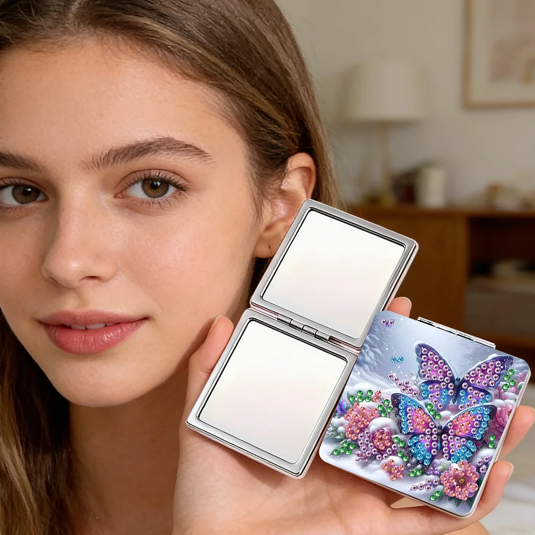 Butterfly Flowers DIY Special Shaped Diamond Painting Compact Mirror Kits Diamond Art Painting Pocket Mirror for Beginners Adults Art Craft Woman Gifts