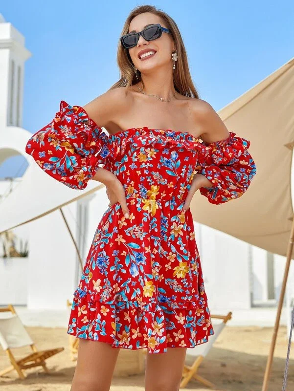 Double Crazy Floral Print Off Shoulder Dress